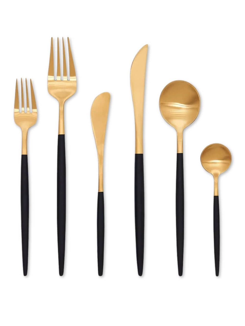 The Raven Cutlery Range features six pieces‚Äîtwo forks, a butter knife, dinner knife, soup spoon, and teaspoon‚Äîwith gold tops and matte black handles, displayed in a modern luxury style on a white background.