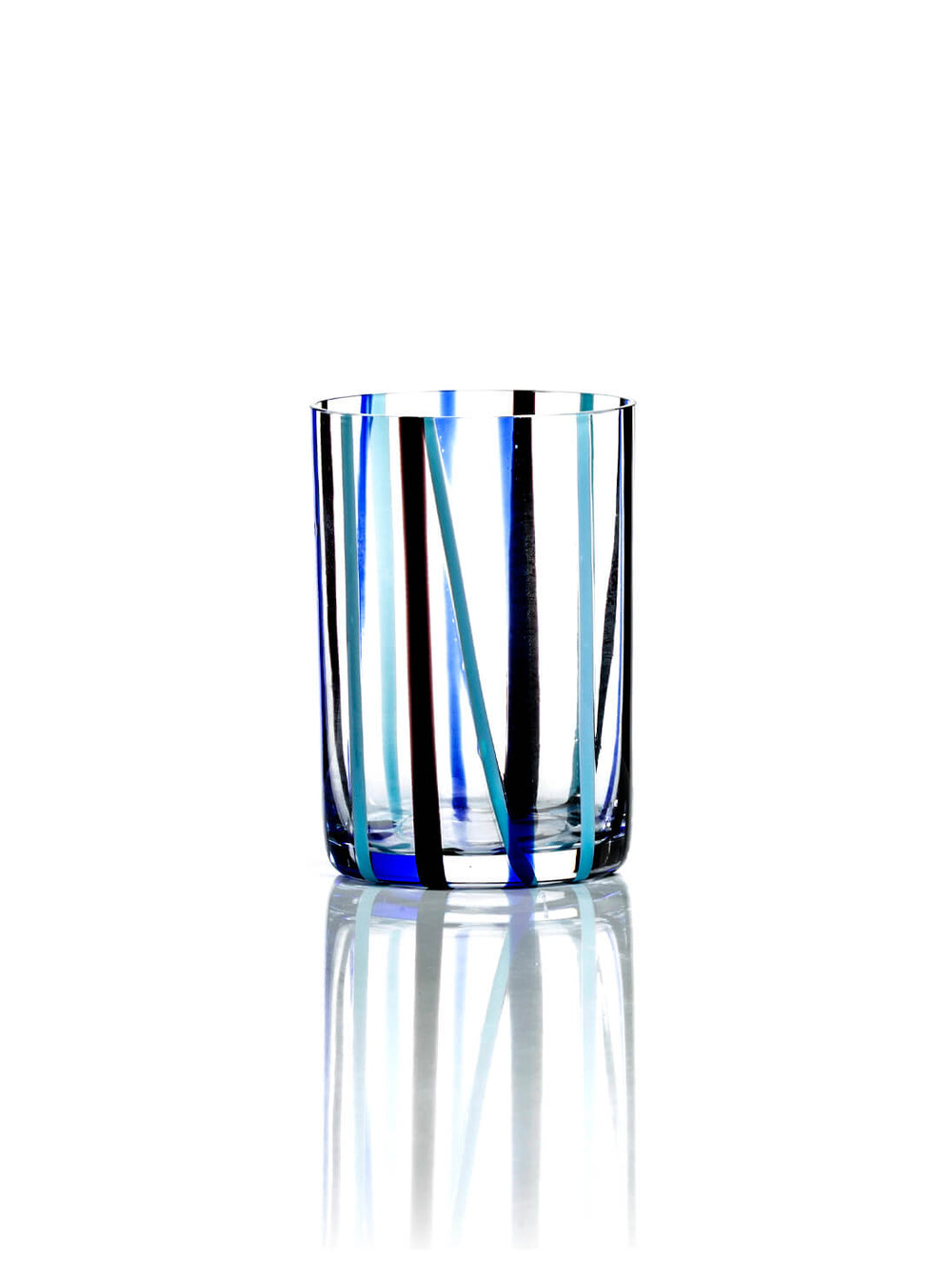 The Reed Blue Tumbler displays vertical blue and black stripes on clear glass, set against a plain white background for a sleek, modern look.