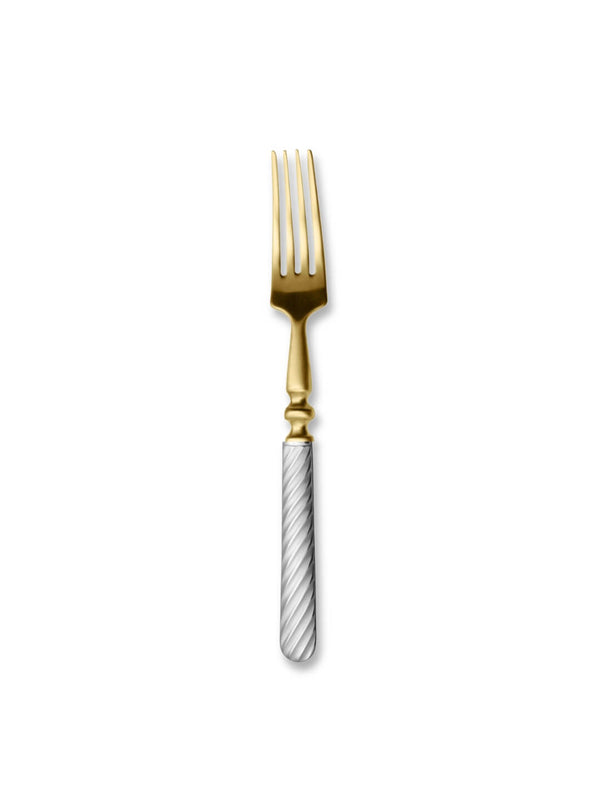 A fork from the Sefton Cutlery Range, featuring a gold-toned head and silver textured handle, is centered on a white background, highlighting the sophisticated dual-tone design.