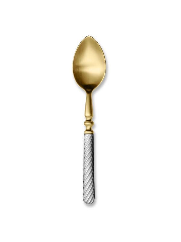 The Sefton Cutlery Range features a gold-colored, rounded bowl and an ornate handle with a silver ridged lower section‚Äîa luxurious two-tone spoon ideal for any premium cutlery collection.