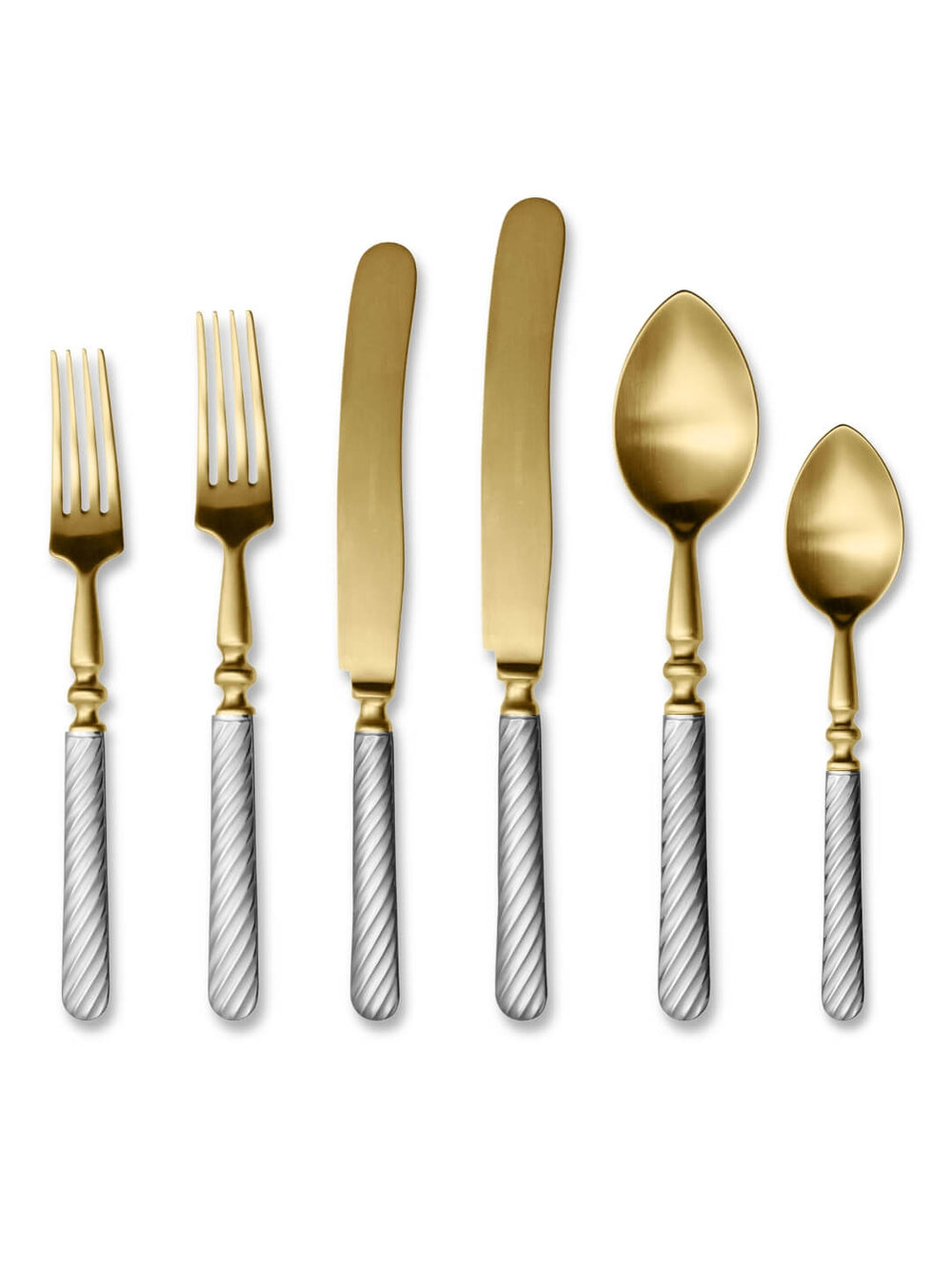 The Sefton Cutlery Range includes six luxury pieces‚Äîtwo forks, two knives, a tablespoon, and a teaspoon‚Äîwith gold-toned tops and textured silver handles, elegantly arranged in a row on a white background.