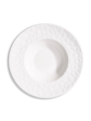 A white, round soup plate from the Sky Plate Range showcases a modern design with a textured geometric rim, displayed on a white background.