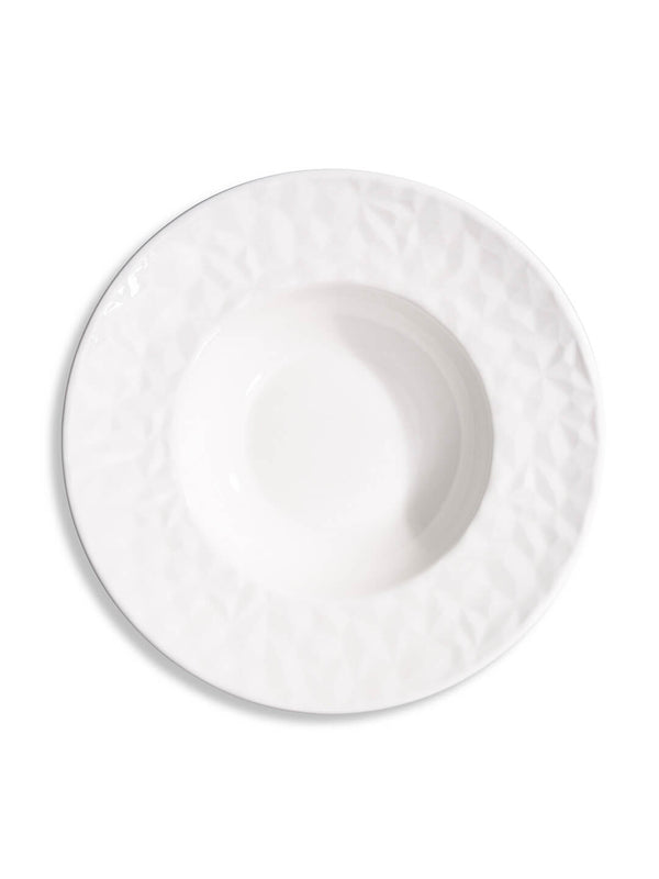 A white, round soup plate from the Sky Plate Range showcases a modern design with a textured geometric rim, displayed on a white background.