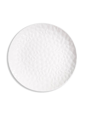 A round white faceted plate from the Sky Plate Range, featuring a subtle geometric texture—ideal for modern dinnerware collections.