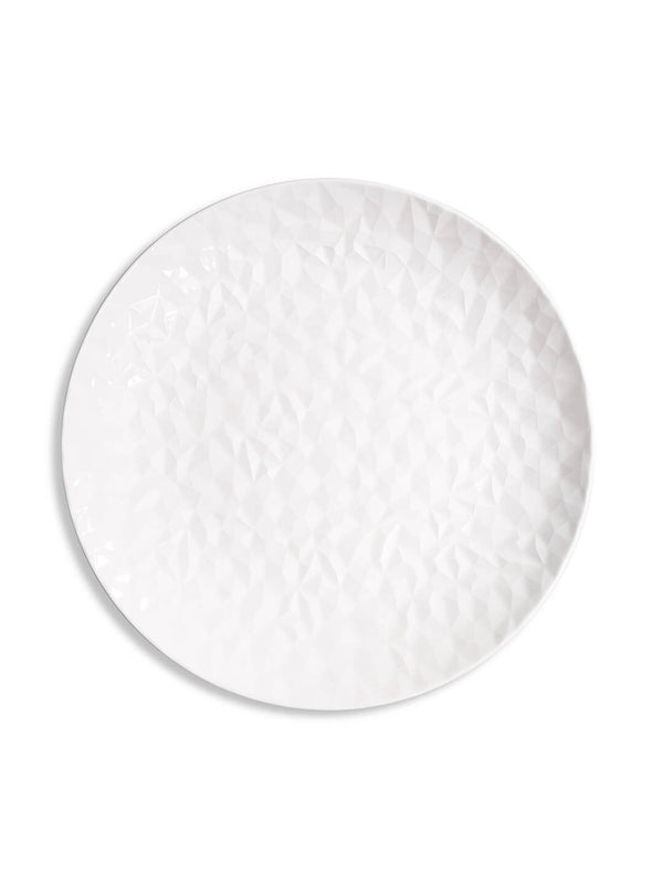A round white faceted plate from the Sky Plate Range, featuring a subtle geometric texture—ideal for modern dinnerware collections.