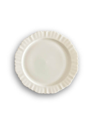 A plain, round white ceramic plate from the Sophia Plate Range with a ruffled edge, photographed from above on a white background—an elegant dinnerware option for any occasion.