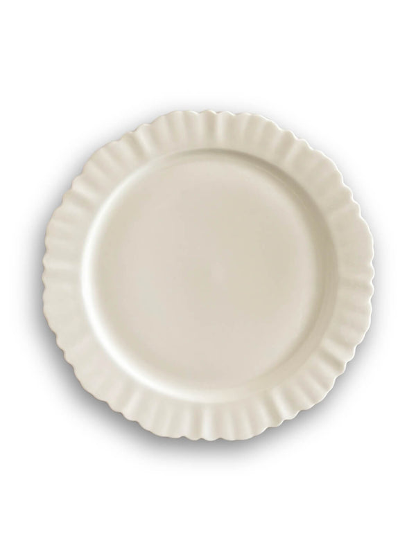 The Sophia Plate Range features plain, round white ceramic plates with ruffled edges, shown here from above on a white background—an elegant choice for dinnerware.