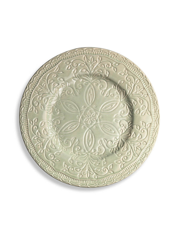 The Verdant Plate Range features round, sage green ceramic plates with ornate embossed floral and leaf patterns and decorative scalloped edges—ideal for fans of vintage-inspired plate sets.