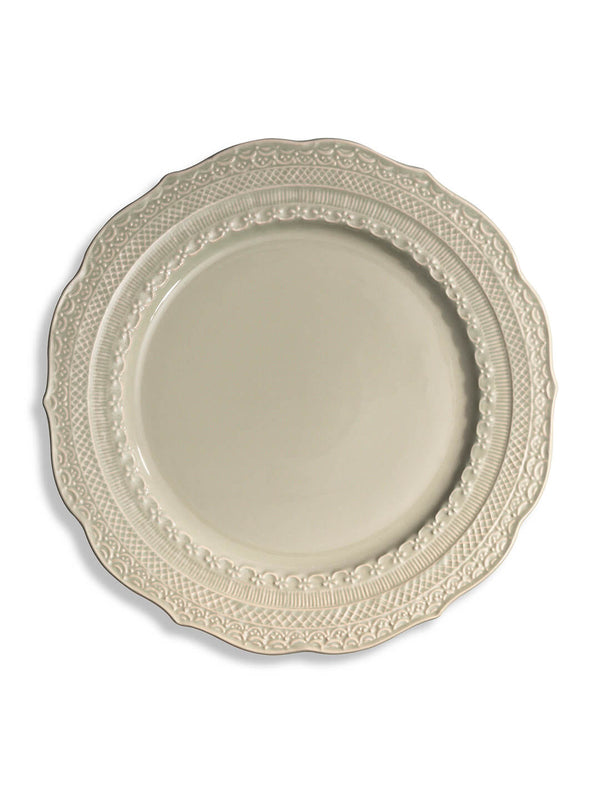 The Verdant Plate Range features an ornate, round beige ceramic plate with an intricate embossed border and smooth center, displayed against a white background.