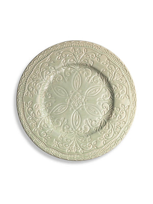 The Verdant Plate Range features a round, sage green ceramic plate with ornate raised floral and scrollwork patterns on the rim and center, adding embossed elegance to your table. Presented on a clean white background.