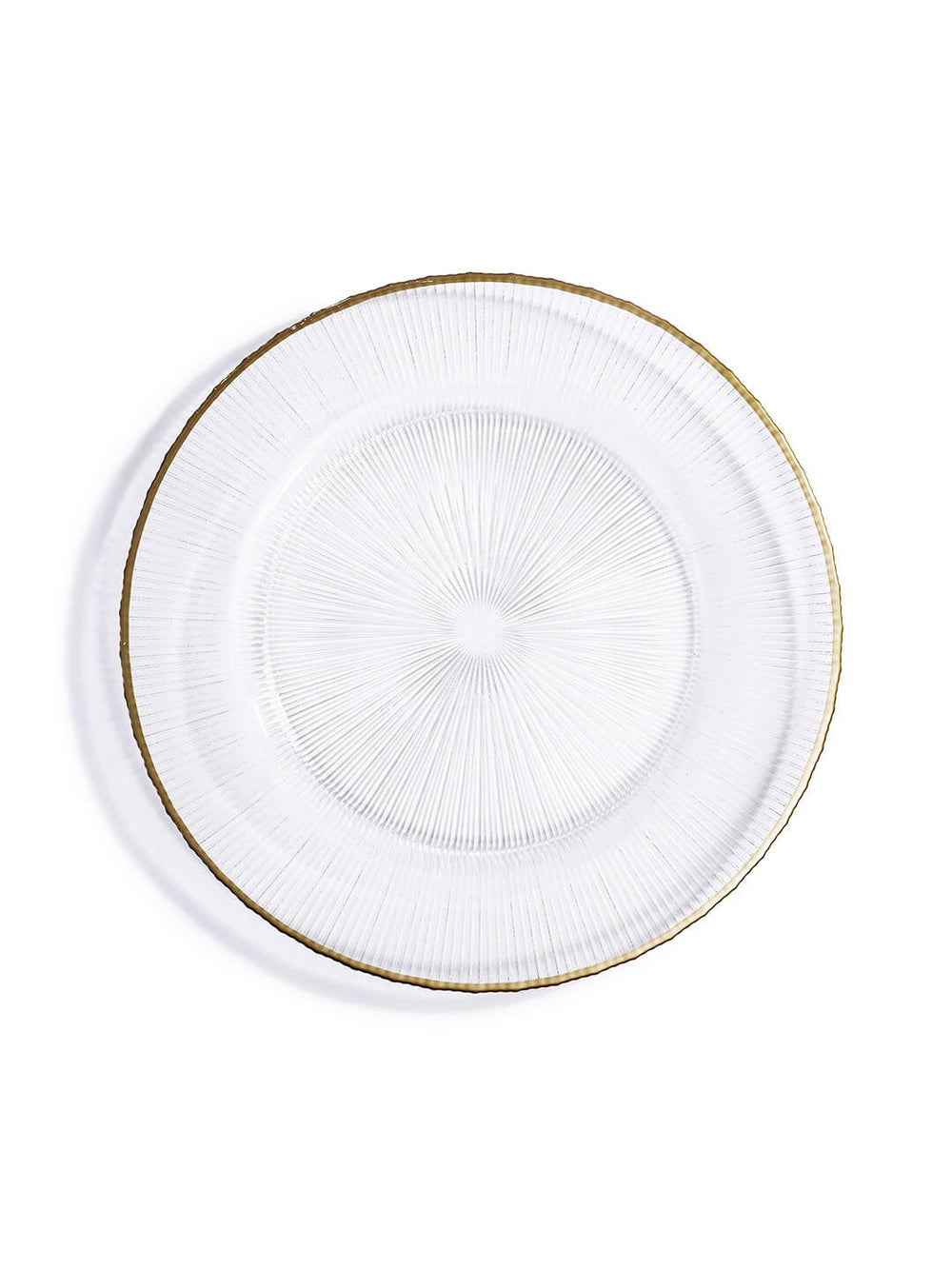 The Verto Gold Charger Plate features a clear, round design with a textured radiating pattern and a slim gold rim—ideal for adding modern glamour to any table setting. Photographed on a white background.