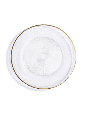 The Verto Gold Charger Plate features a clear, round design with a textured radiating pattern and a slim gold rim—ideal for adding modern glamour to any table setting. Photographed on a white background.