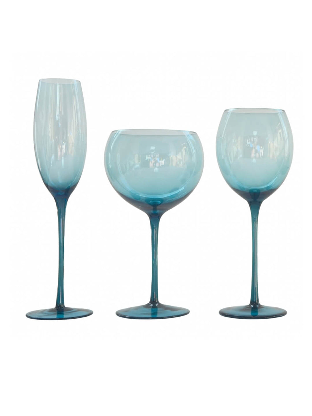The Vita Blue Glassware Range includes three blue-tinted goblets—a flute, coupe, and round glass—all with long stems and unique shapes, perfect for modern table settings, displayed on a white background.
