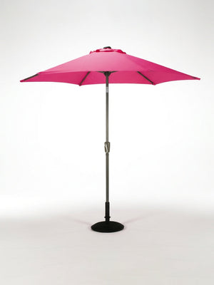The Amalfi Parasol, featured in bright pink with a metal pole and black base, stands fully opened and upright on a white background—ideal for adding vibrant shade to any outdoor event.