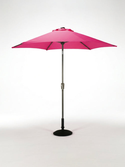 The Amalfi Parasol, featured in bright pink with a metal pole and black base, stands fully opened and upright on a white background—ideal for adding vibrant shade to any outdoor event.