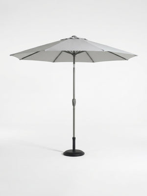 The Amalfi Parasol from the Colourful Parasol Collection features a round, light gray canopy, central pole, and sturdy black base—an ideal weather-resistant outdoor umbrella for stylish event shade. Shown against a plain white background.