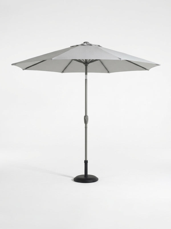 The Amalfi Parasol from the Colourful Parasol Collection features a round, light gray canopy, central pole, and sturdy black base—an ideal weather-resistant outdoor umbrella for stylish event shade. Shown against a plain white background.