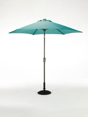 The Amalfi Parasol is a teal outdoor umbrella from our Colourful Parasol Collection, featuring a weather-resistant canopy, metal pole, and black round base, shown open against a plain white background.