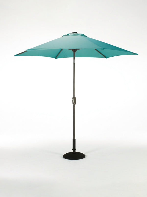 The Amalfi Parasol is a teal outdoor umbrella from our Colourful Parasol Collection, featuring a weather-resistant canopy, metal pole, and black round base, shown open against a plain white background.