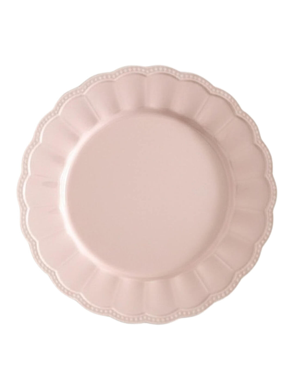 The Annalise Pink Charger Plate features a round, blush pink design with a scalloped, decorative edge and smooth center, evoking vintage-inspired tableware. Displayed against a white background.