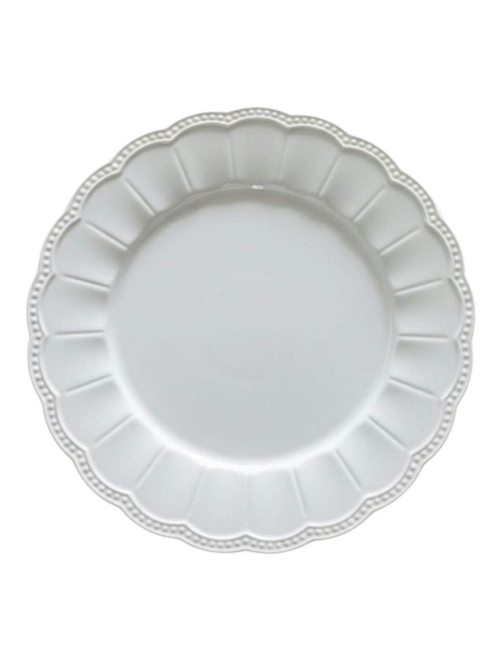 The Annalise White Charger Plate features a scalloped, decorative edge and a glossy ceramic finish, shown from above on a white background—ideal for enhancing any designer tablescape.
