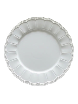 The Annalise White Charger Plate features a scalloped, decorative edge and a glossy ceramic finish, shown from above on a white background—ideal for enhancing any designer tablescape.