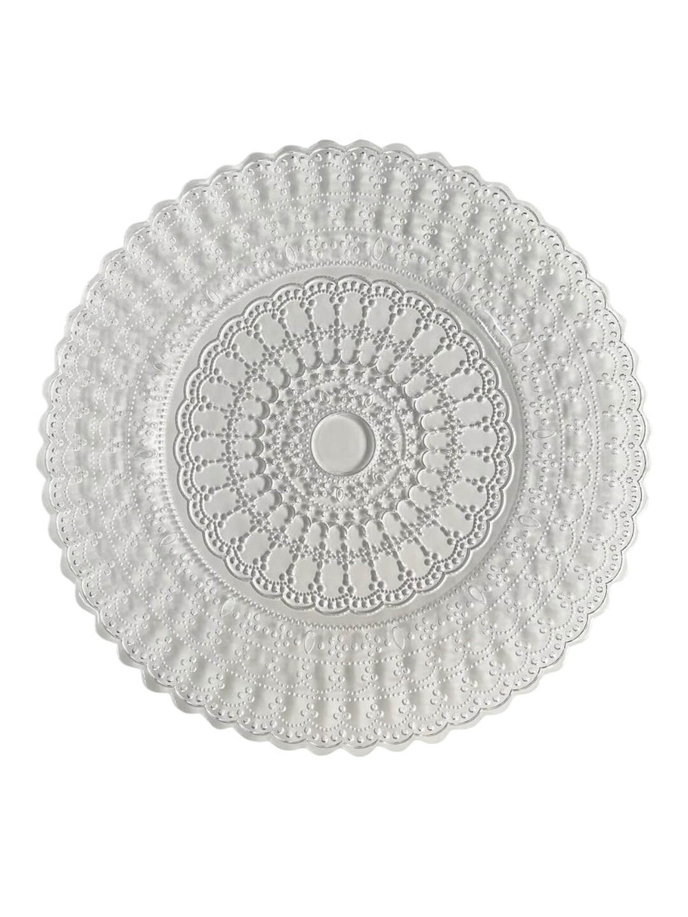 The Antoinette Clear Charger Plate features a round, clear embossed glass design with an intricate lace-like pattern and scalloped edges—an elegant tableware piece viewed from above on a white background.