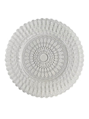 The Antoinette Clear Charger Plate features a round, clear embossed glass design with an intricate lace-like pattern and scalloped edges—an elegant tableware piece viewed from above on a white background.