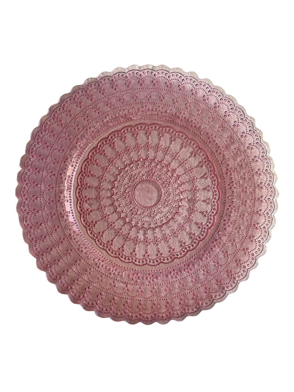 The Antoinette Pink Charger Plate features a round shape, intricate lacy patterns, and scalloped edges, showcasing vintage-inspired elegance against a white background.