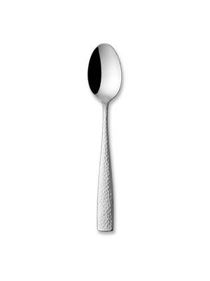 A shiny metal spoon from the Aurora Cutlery Range, featuring a textured handle and crafted from stainless steel flatware, is centered on a white background.