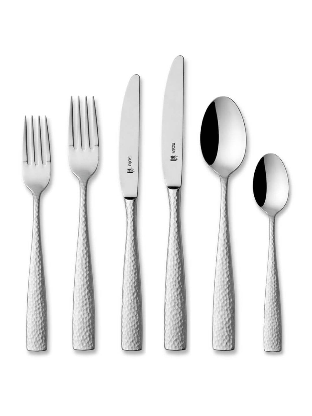 The Aurora Cutlery Range includes six stainless steel pieces—two forks, two knives, one tablespoon, and one teaspoon—all with matching hammered handles displayed on a white background.