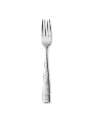 An Aurora Cutlery Range stainless steel fork with a textured, hammered handle stands upright against a plain white background.