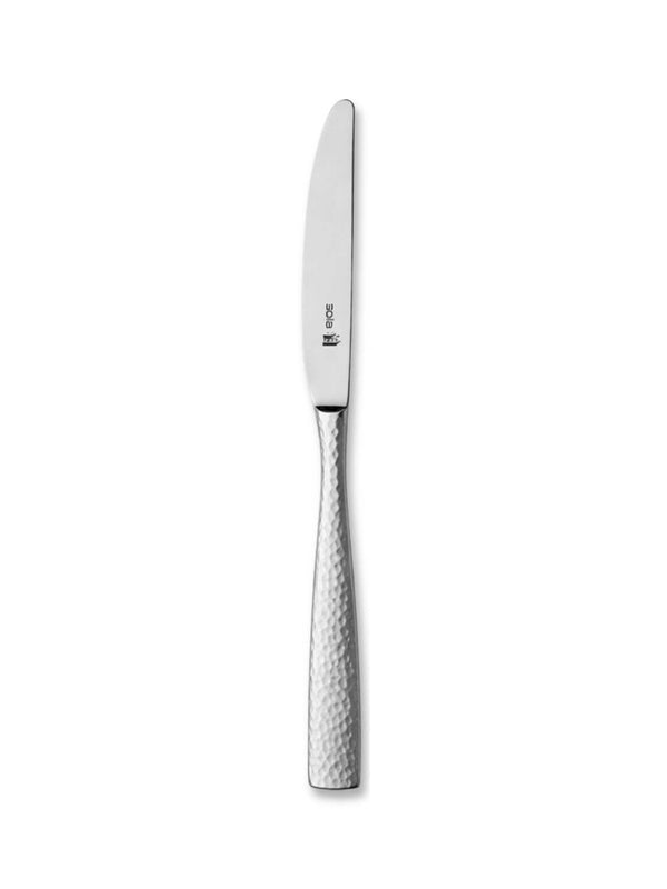 The Aurora Cutlery Range butter knife features a stainless steel build, a textured hammered handle, and a smooth rounded blade, displayed on a plain white background.