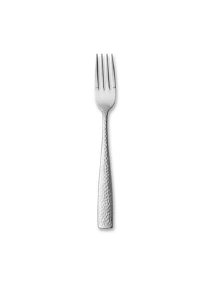 The Aurora Cutlery Range’s stainless steel fork, featuring a textured hammered handle, stands out as a luxury tableware piece centered on a plain white background.