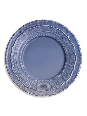 The Azure Charger Charger Plate is a round blue ceramic piece featuring coastal elegance, intricate rim patterns, and a vibrant blue glaze, beautifully displayed on a white background.