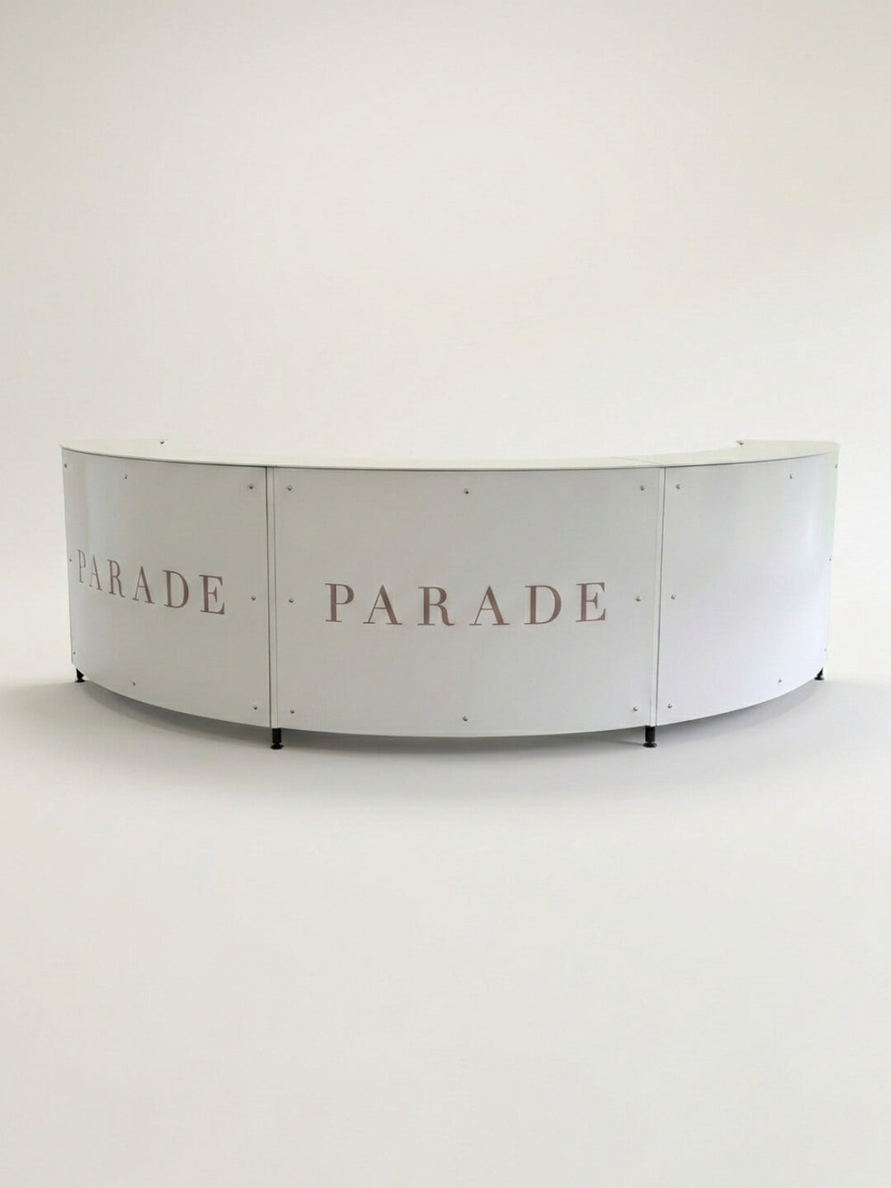 The Bespoke Branded Bar is a semi-circular maroon reception desk with crossed polo mallets on the sides and a central white oak tree illustration featuring the text WHITE OAK—perfect for corporate events or as a custom branded bar.