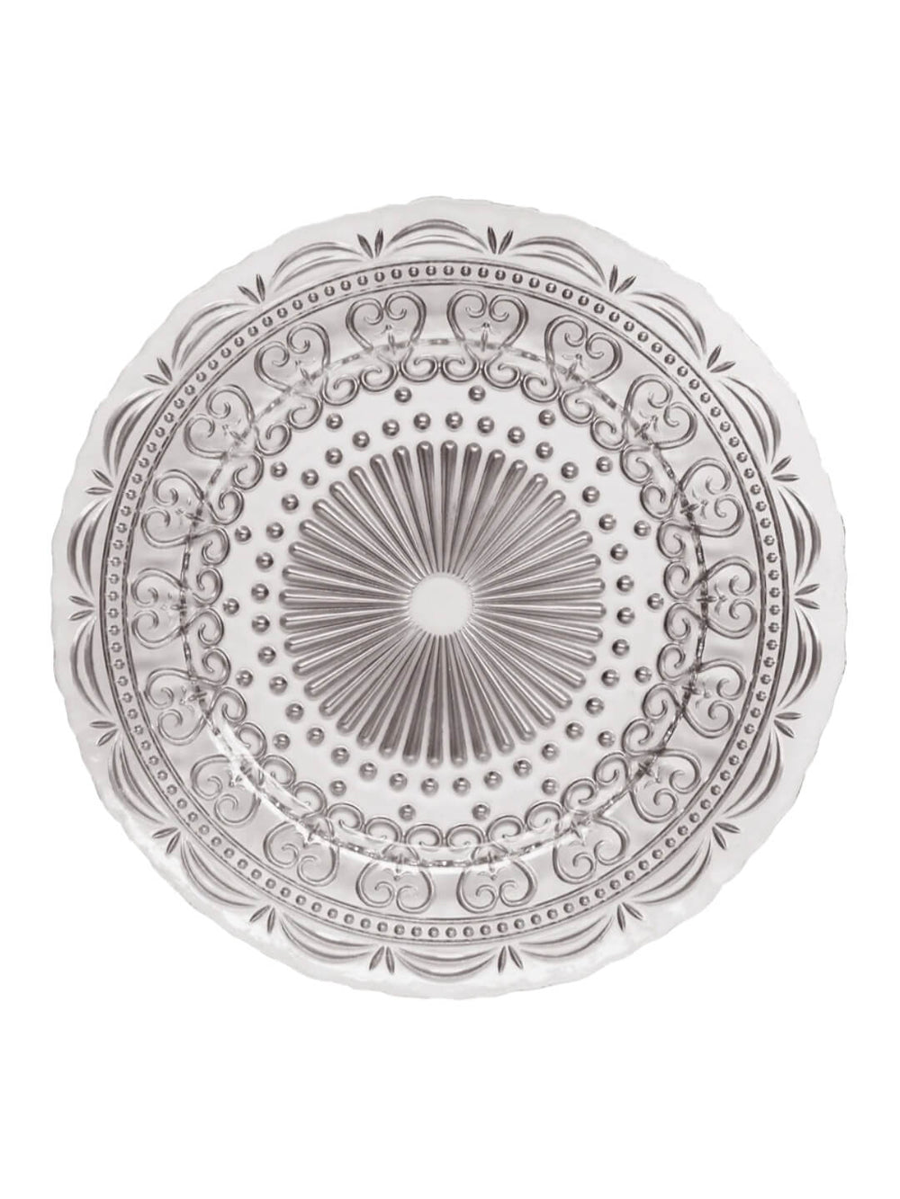 The Camille Charger Plate features a round silver design with embossed swirls, dots, and radiating lines. Its elegant scalloped edge, textured finish, and refined detailing create a vintage-inspired charm for any table setting.