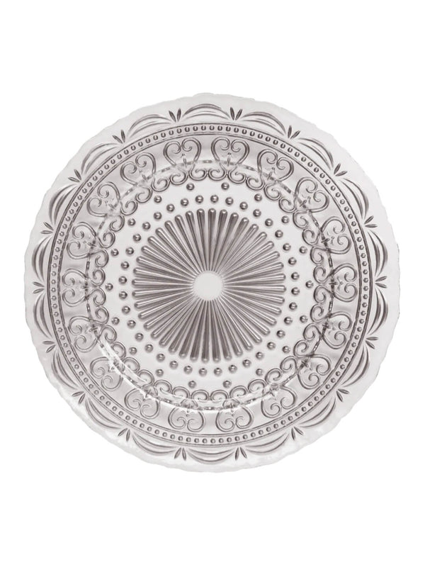The Camille Charger Plate features a round silver design with embossed swirls, dots, and radiating lines. Its elegant scalloped edge, textured finish, and refined detailing create a vintage-inspired charm for any table setting.