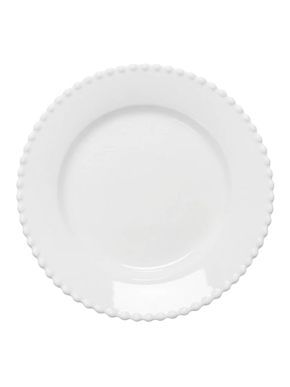 The Chateau Pearl Charger Plate is a plain white ceramic charger with pearl beading on its textured rim, shown from above on a white background—perfect for elevating any dinner service.
