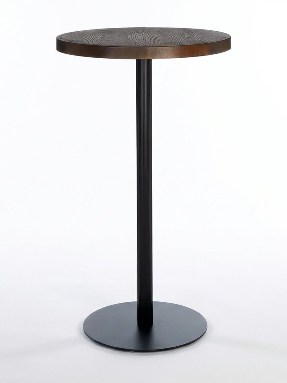 The Chestnut Bar Table features a dark chestnut wooden top with subtle grain, supported by a single black metal pedestal and circular base, all set against a white background.