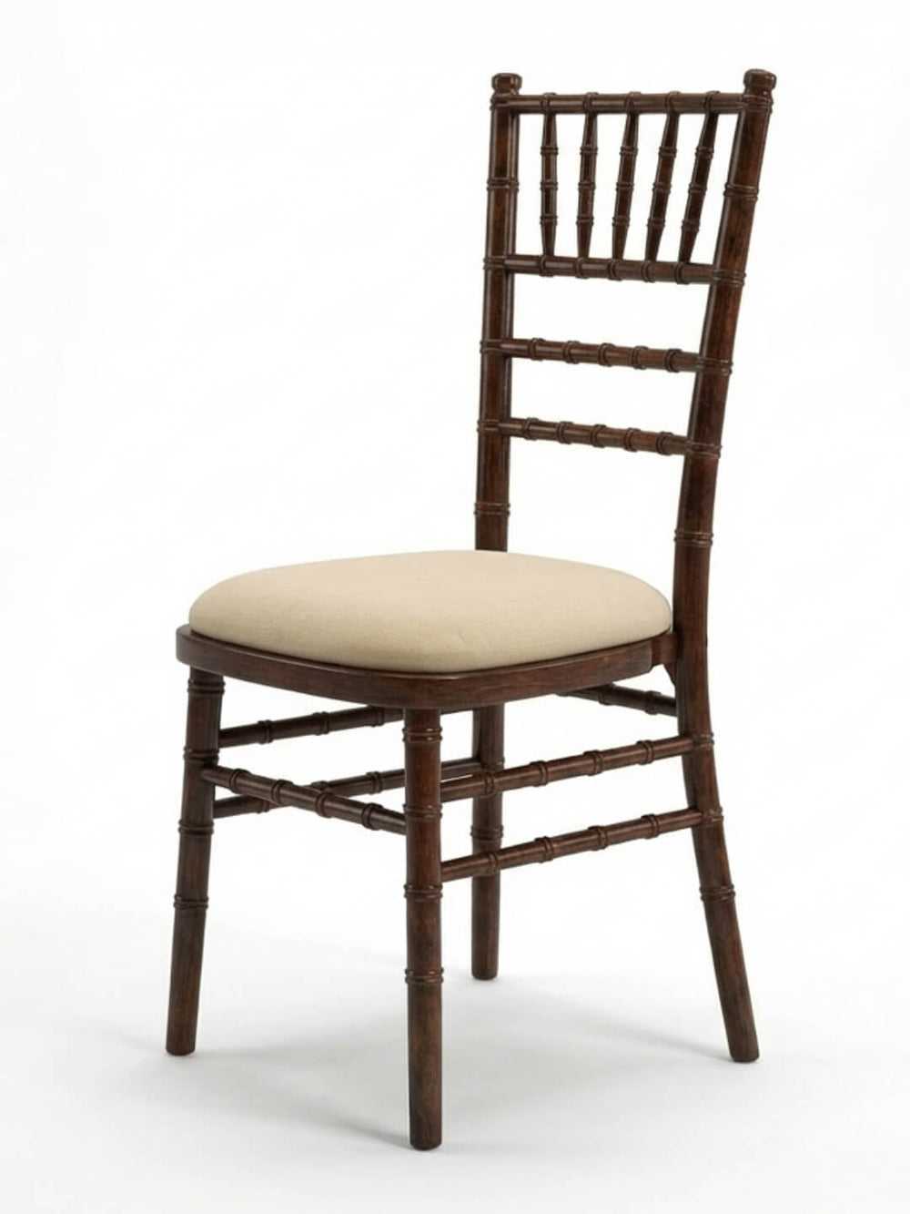 The Chiavari Chair - Mahogany features a dark brown finish, bamboo-style frame, and a light beige cushioned seat with customizable pads—perfect for stylish event seating against a white background.