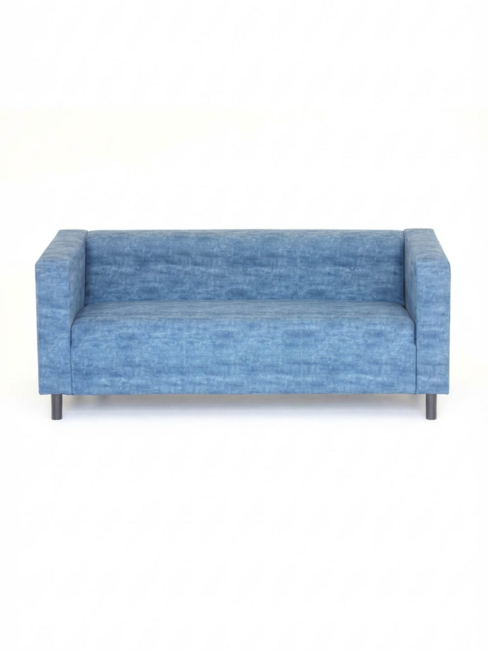 The Coast Sofa is a modern blue velvet piece with square arms and black legs, showcased against a plain white background.