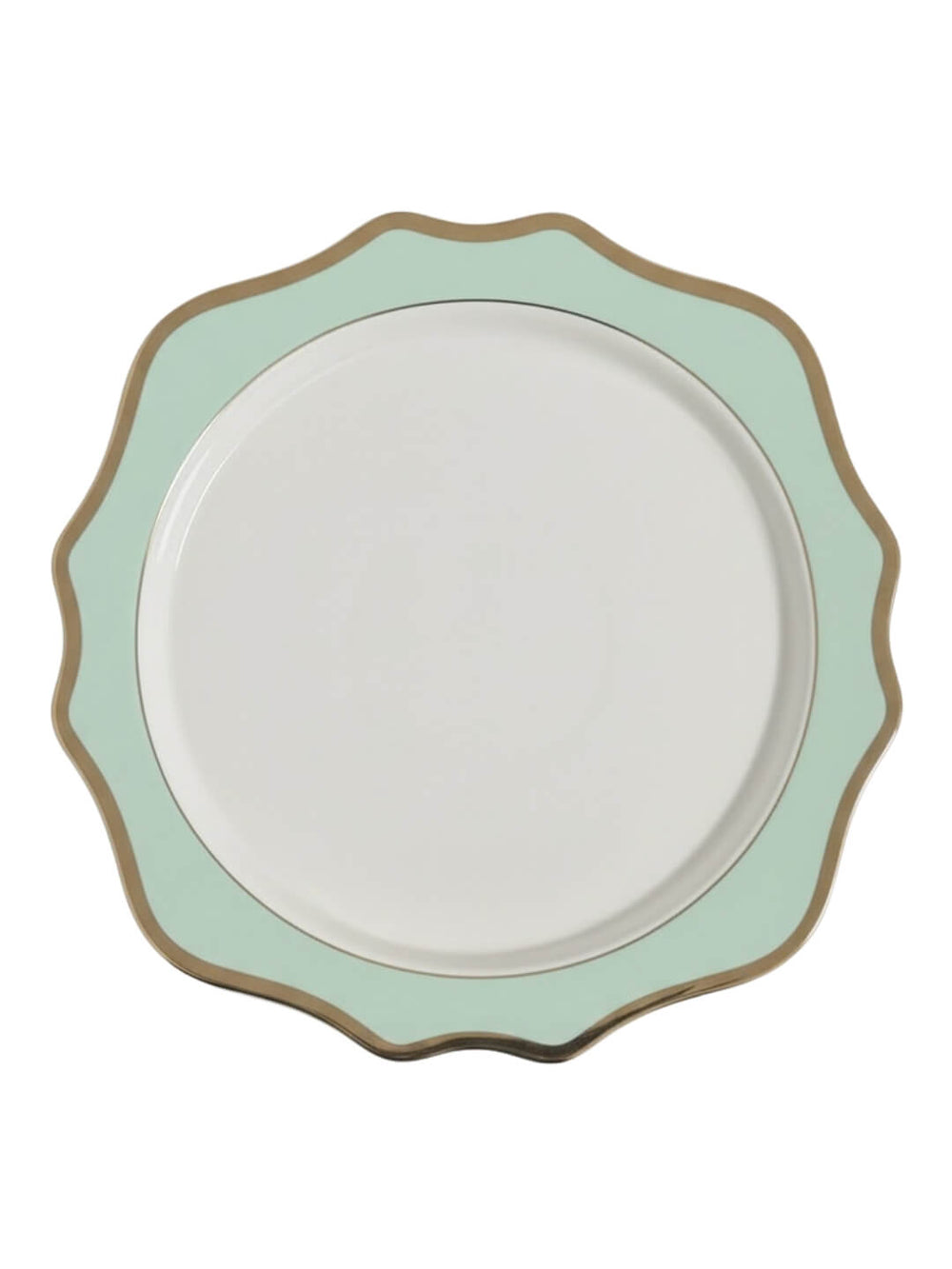 The Colette Green Charger Plate features a round white center, gold-outlined wavy scalloped edge, and a wide pale green border—an elegant, minimalist piece perfect for elevating any modern table setting.