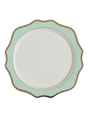 The Colette Green Charger Plate features a round white center, gold-outlined wavy scalloped edge, and a wide pale green border—an elegant, minimalist piece perfect for elevating any modern table setting.