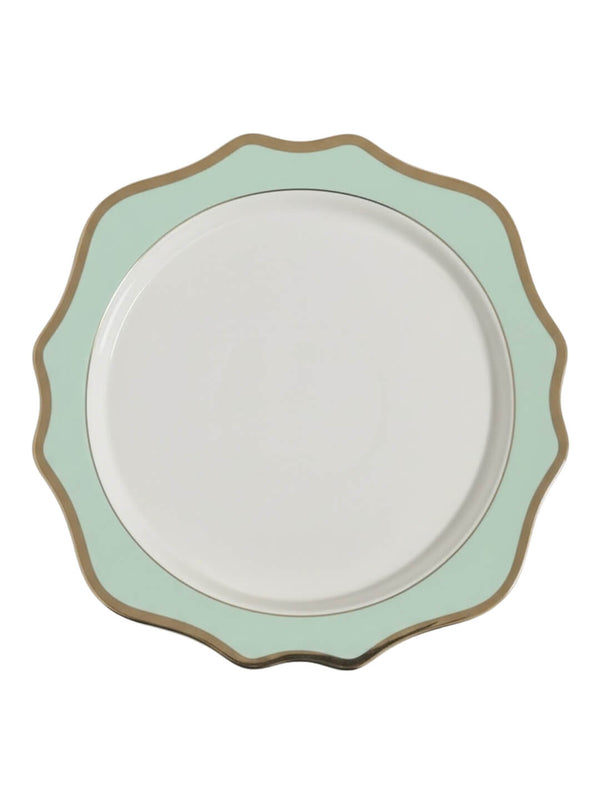 The Colette Green Charger Plate features a round white center, gold-outlined wavy scalloped edge, and a wide pale green border—an elegant, minimalist piece perfect for elevating any modern table setting.