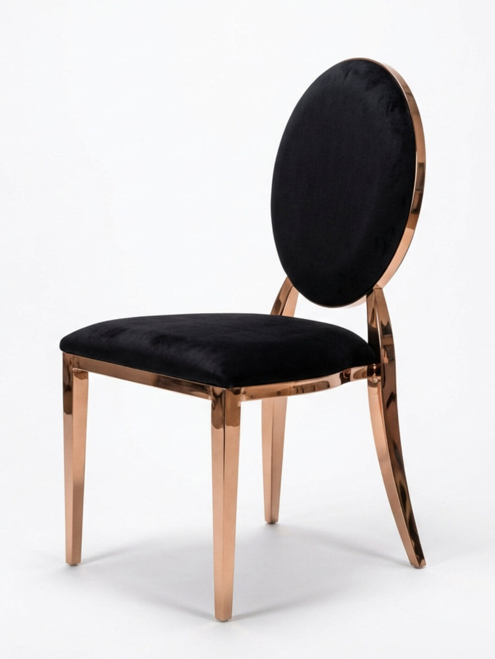 The Dior Chair features a rose gold metal frame, white upholstered seat, and oval white backrest—ideal luxury event seating. Shown from a side angle on a white background.