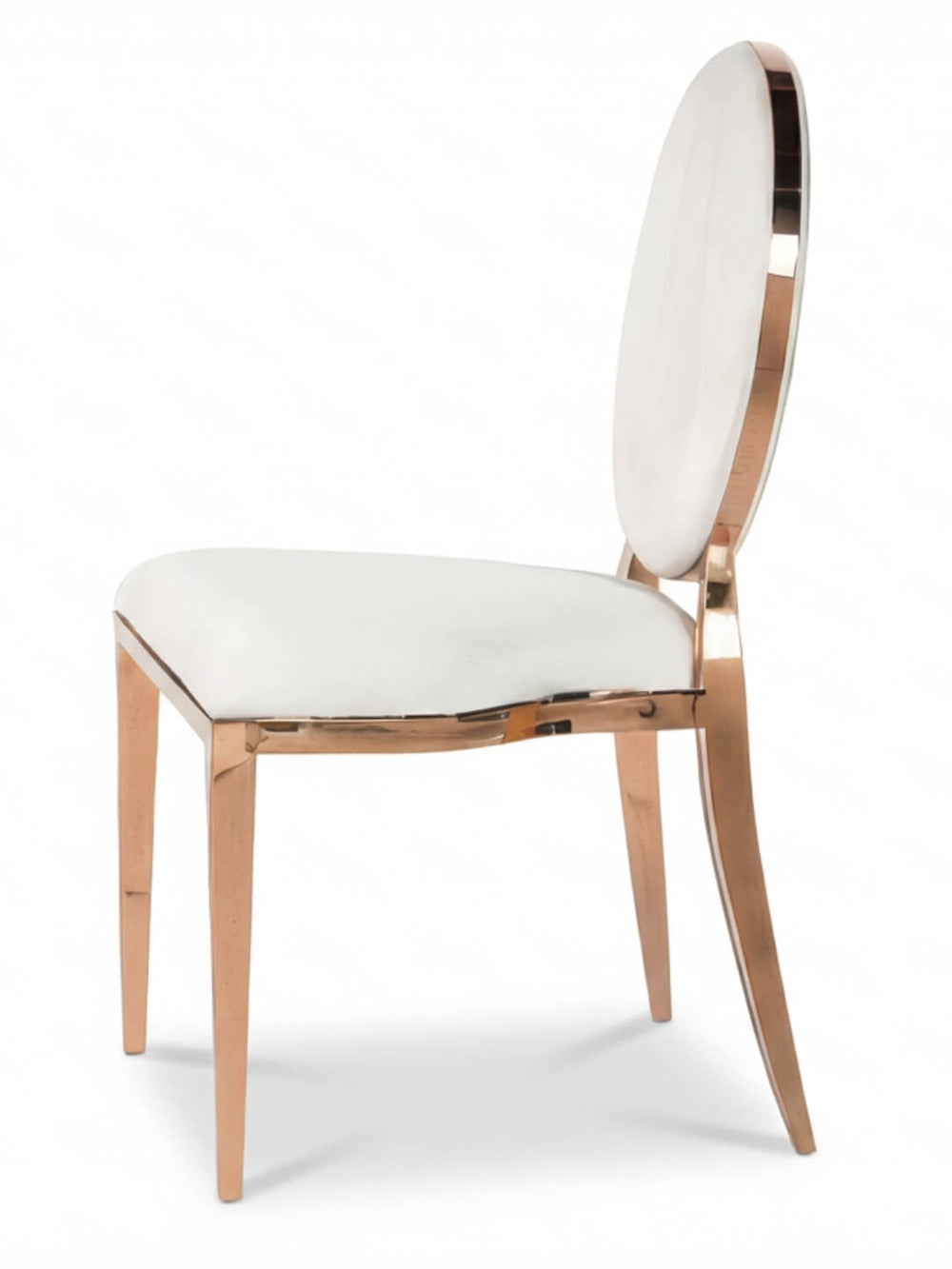 The Dior Chair features a rose gold metal frame, white upholstered seat, and oval white backrest—ideal luxury event seating. Shown from a side angle on a white background.