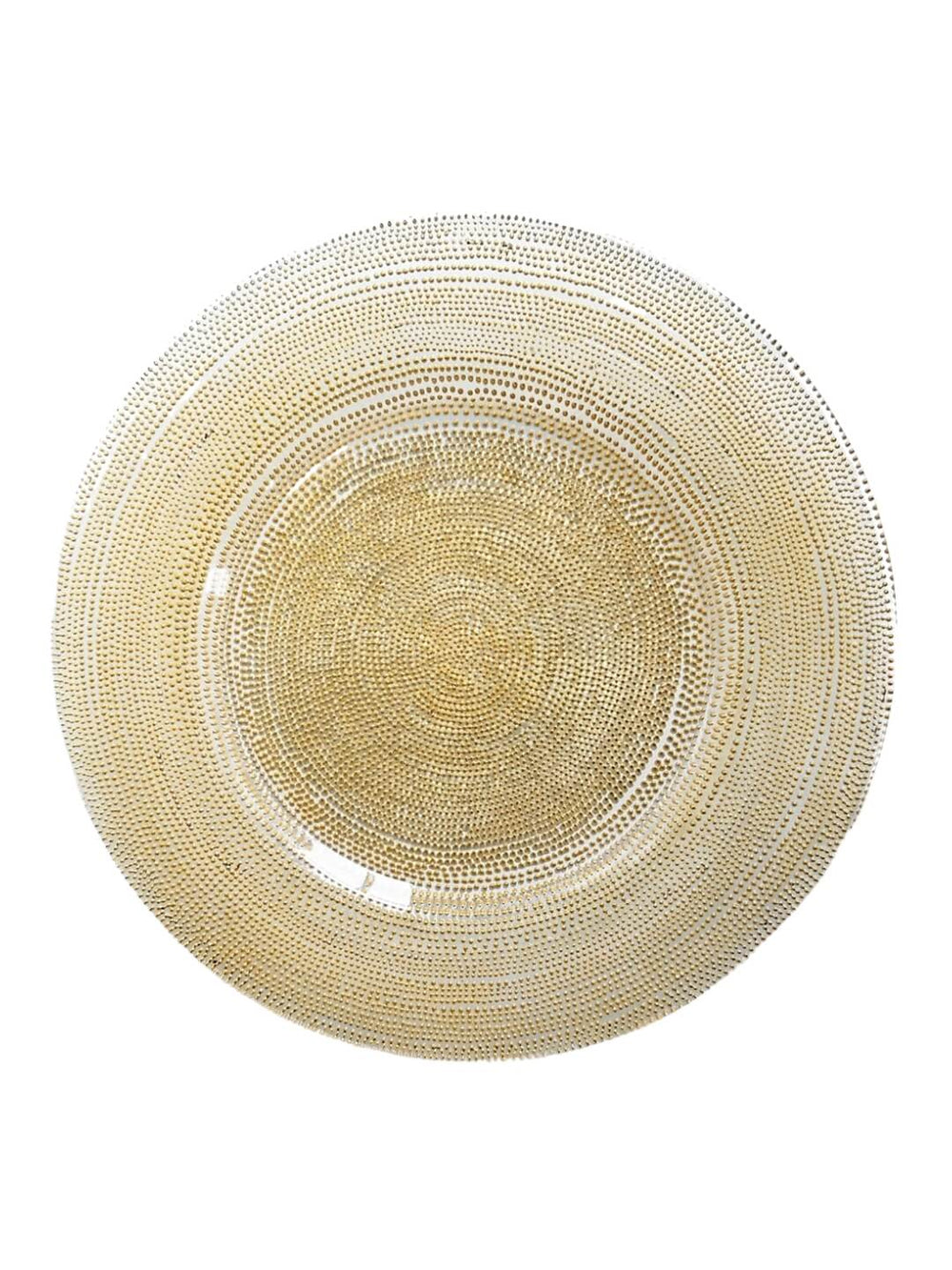 The Elodie Gold Charger Plate features a round shape with a textured, beaded pattern of concentric circles, adding an elegant touch to your tableware—shown from above on a white background.