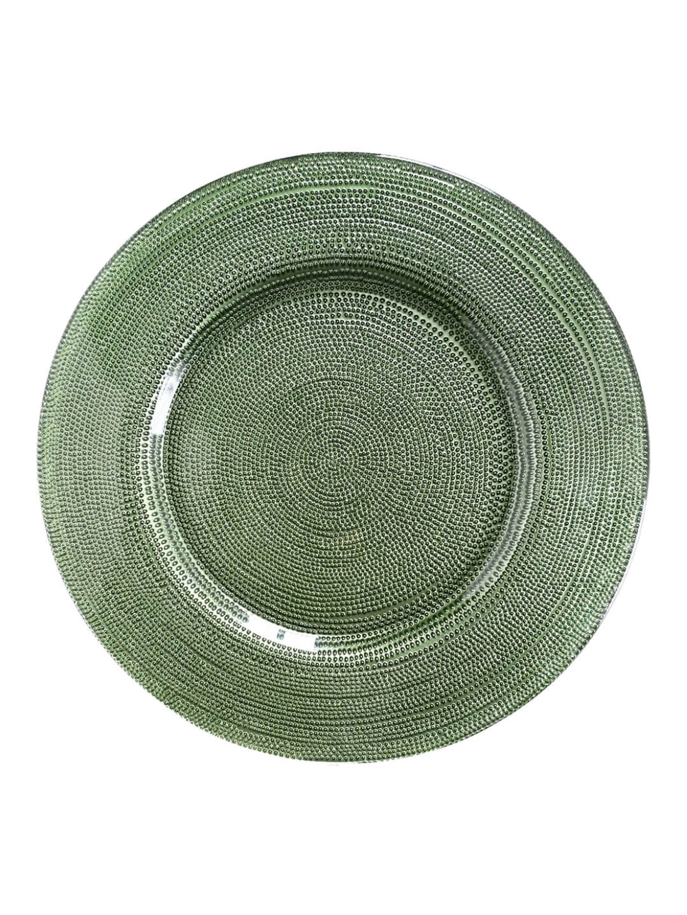 The Elodie Green Charger Plate features a round, green glass design with a textured, beaded surface, shown from above on a white background—ideal for elegant garden wedding table decor.