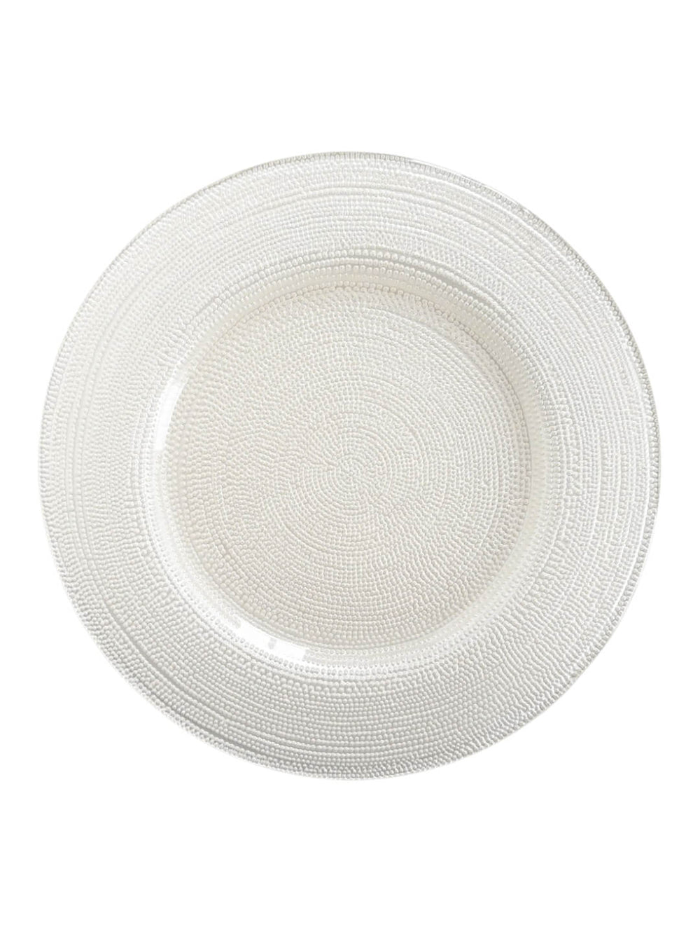 The Elodie Pearl Charger Plate is a round, clear glass plate with a textured dotted pattern on the surface and rim, ideal for elegant wedding table settings, shown from above on a white background.